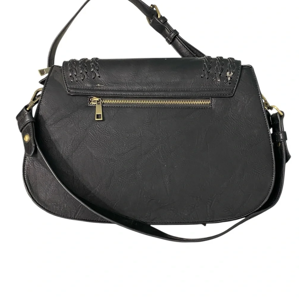 Antik Kraft Black Vegan Leather Saddlebag Crossbody Braid Detail Boho Western
